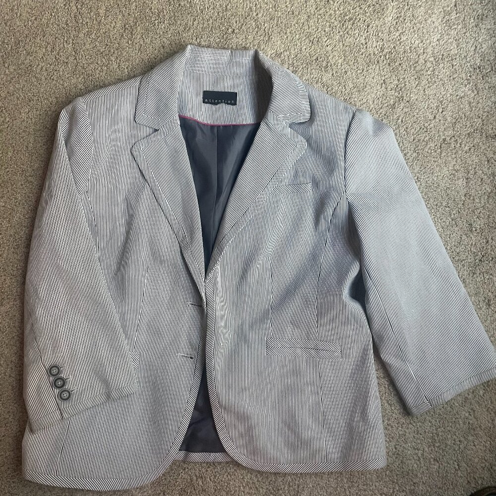 3/4 sleeve business jacket, navy blue and white vertical stripes, medium
